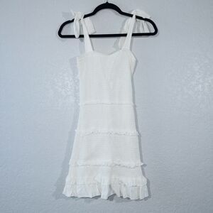 O.Vianca White Smocked Tie Shoulder Mini‎ Dress Size Medium